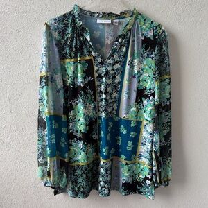 Susan Graver Large Long Sleeve V-Neck Top Cottagecore Boho Prairie Floral Ruffle
